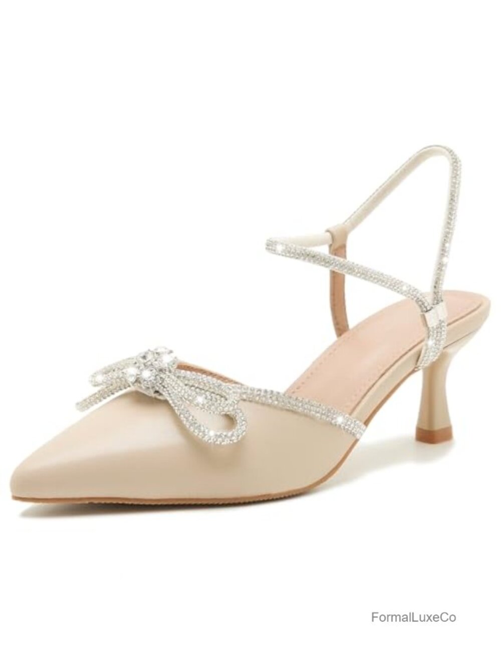 Rhinestone Bow Kitten Heels Pumps, Slingback Pointed Toe Low Heel Wedding Shoes